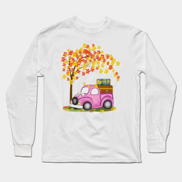 Vintage Car And Autumn Tree Art Long Sleeve T-Shirt by Designoholic